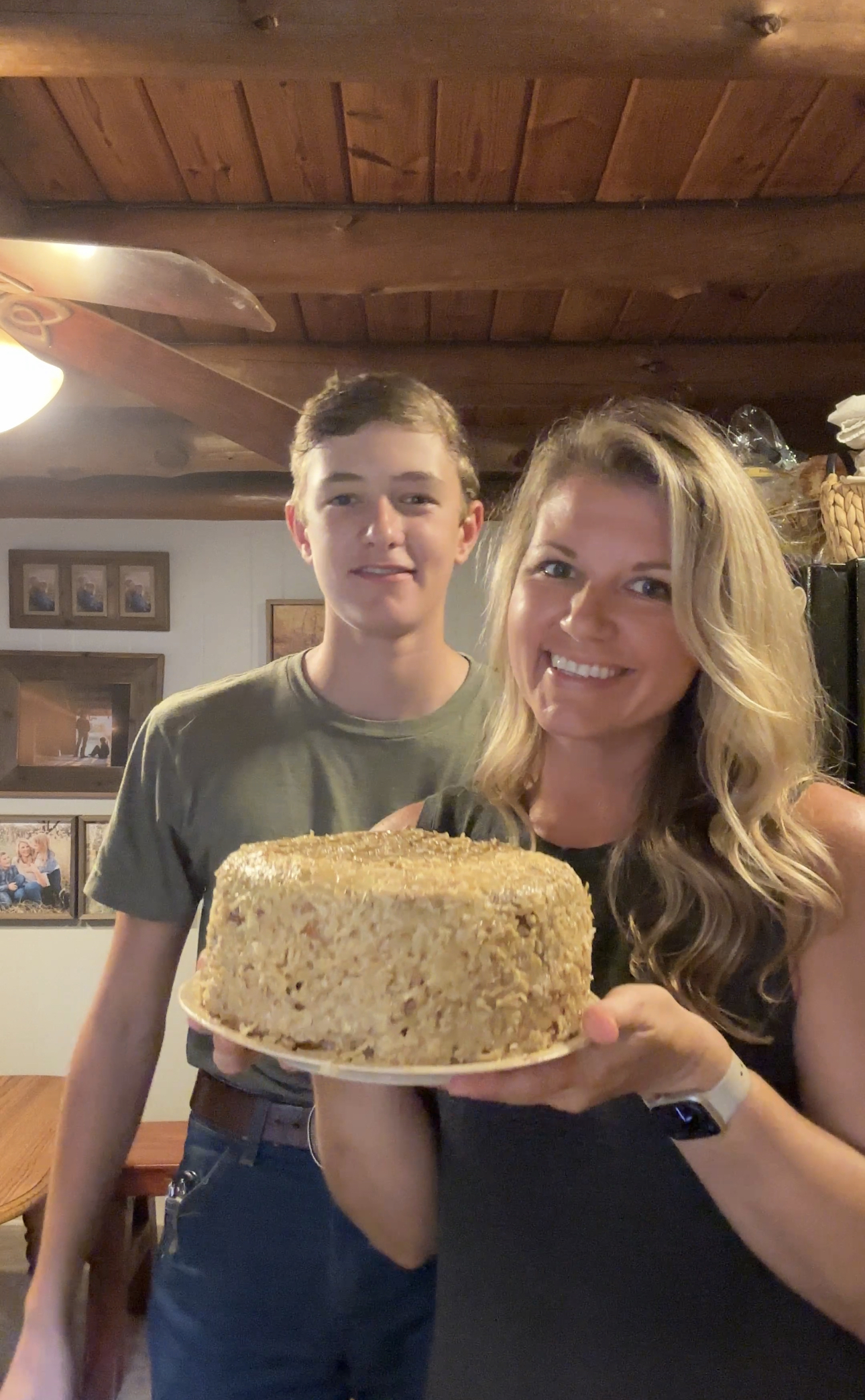 german chocolate cake; mother and son; cooking; baking